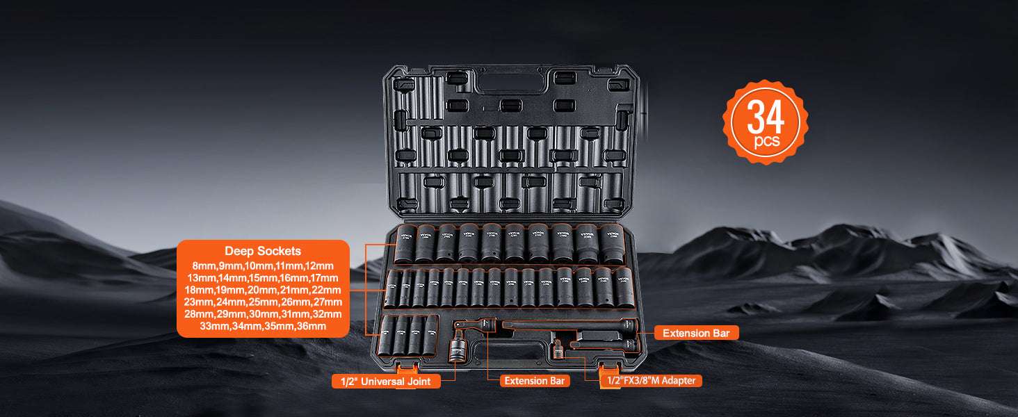 Impact Socket Set SAE & Metric Cr-V/Cr-Mo 13–90 Piece Tool Kit-Cr-Mo 34PCs / United States