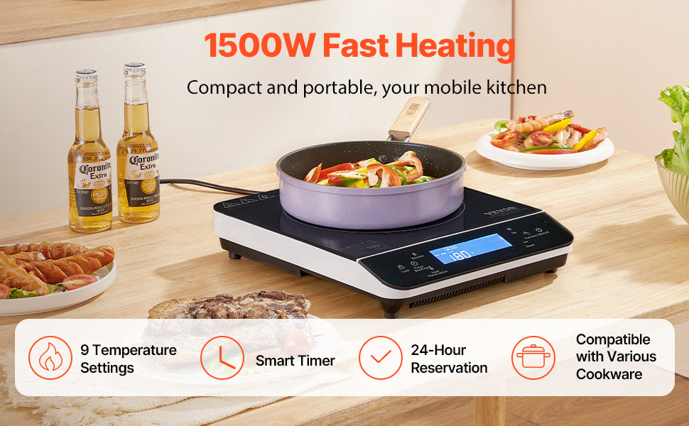 Portable Induction Cooktop 1500W with 9 Heat Levels & Timer