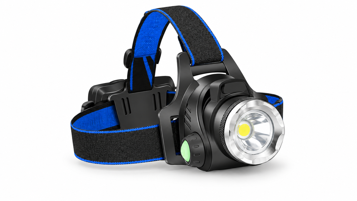 Black and blue rechargeable headlamp on white background