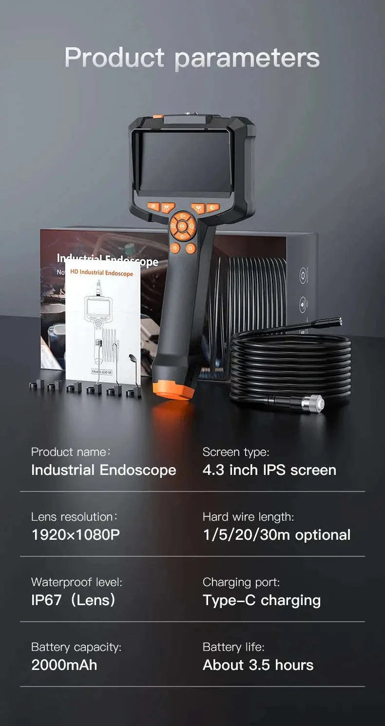 Industrial Endoscope Camera – 1080P Inspection Tool with IPS Screen-4.3inch Single Lens / 10m