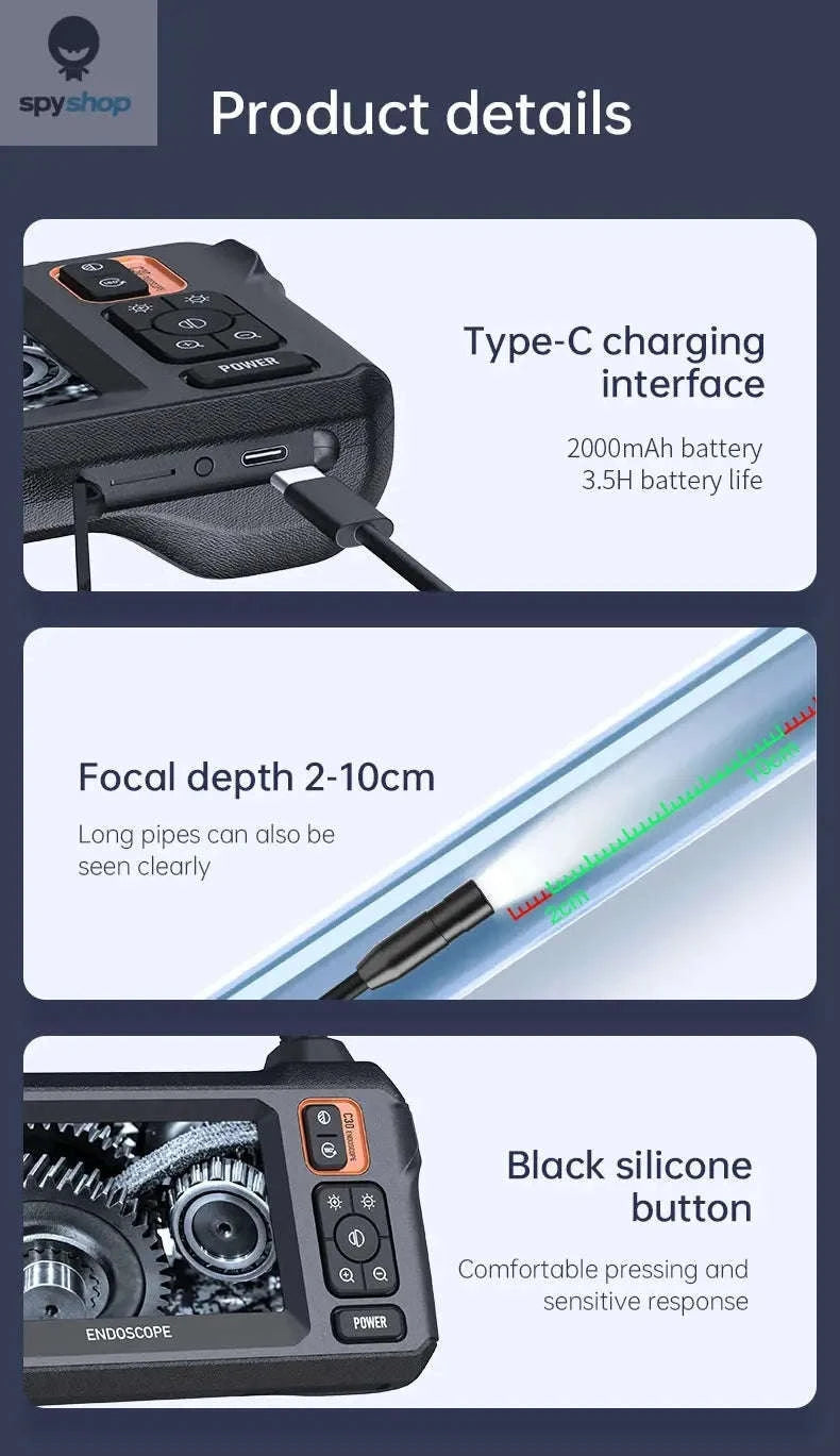 Industrial Endoscope Camera C30M – 1080P Inspection Scope with 4.3" IPS Screen-8MM Dual Lens / 10M