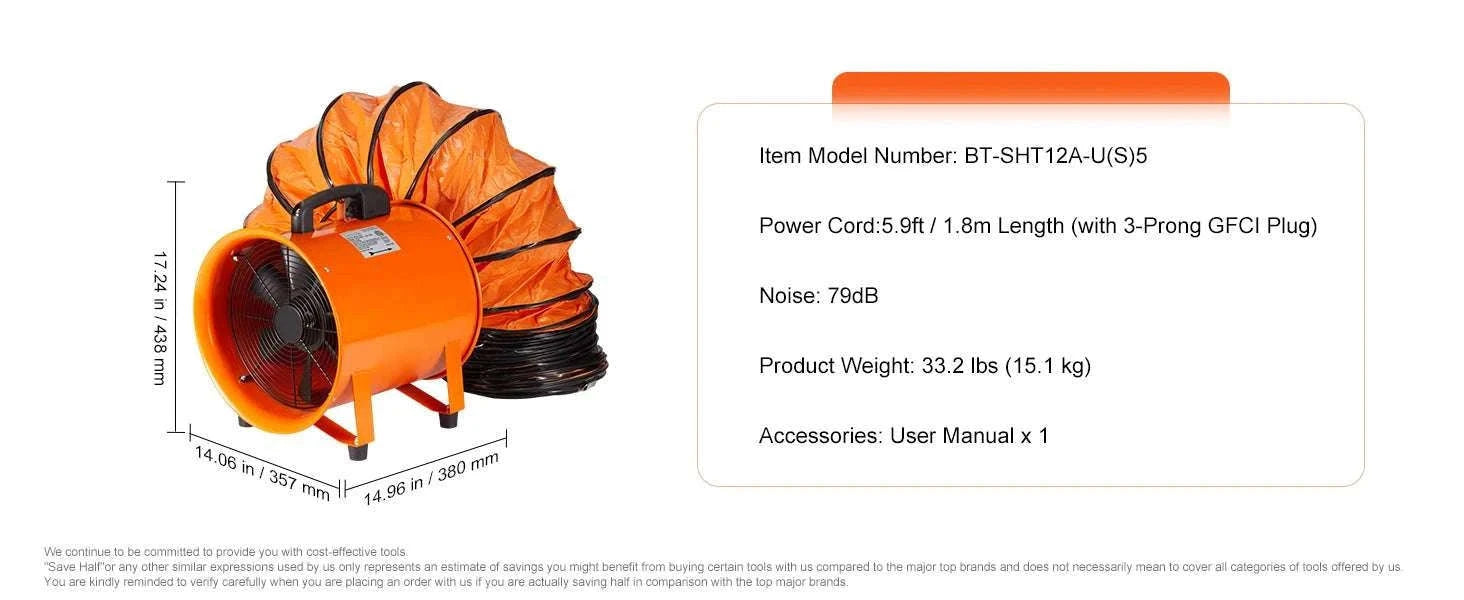 Industrial Exhaust Fan with 5M Duct High Airflow Ventilation Blower-367W 12inch / GERMANY