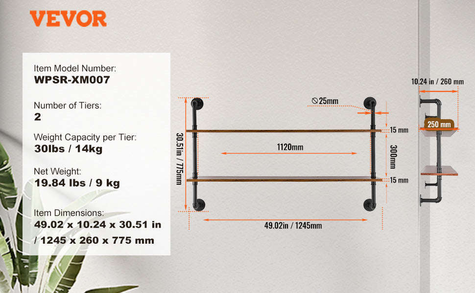Industrial Pipe Wall Mount Floating Shelf Rack-4 Tiers 3 strokes / United States