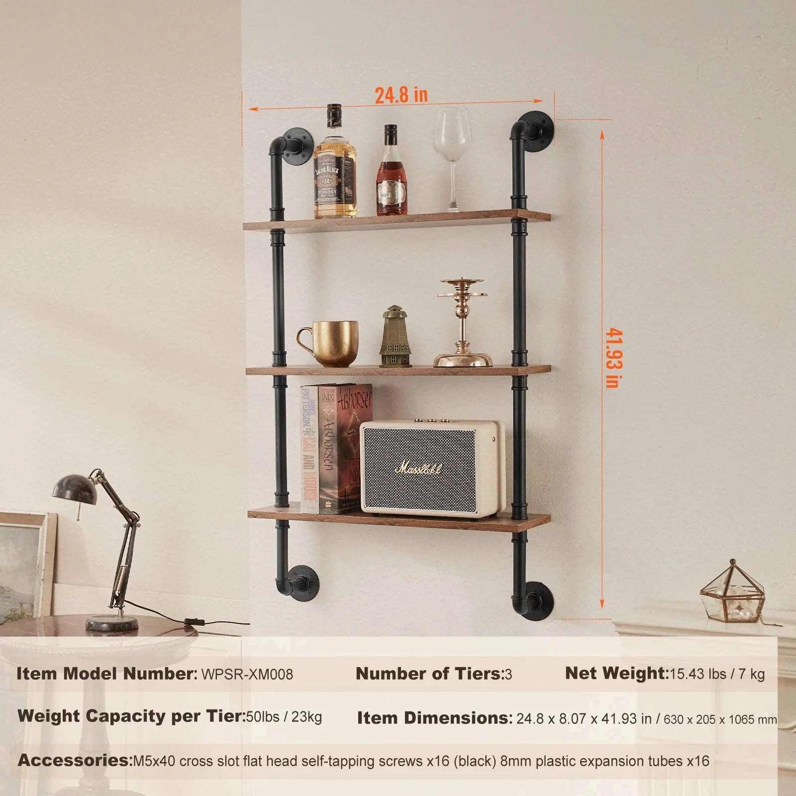 Industrial Pipe Wall Mount Floating Shelf Rack-4 Tiers 3 strokes / United States