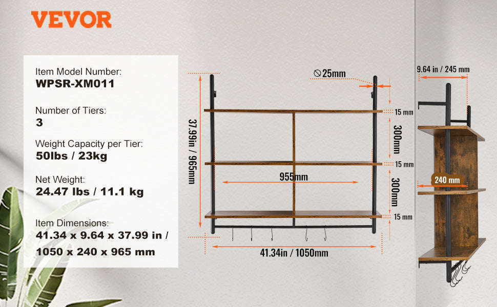 Industrial Pipe Wall Mount Floating Shelf Rack-4 Tiers 3 strokes / United States