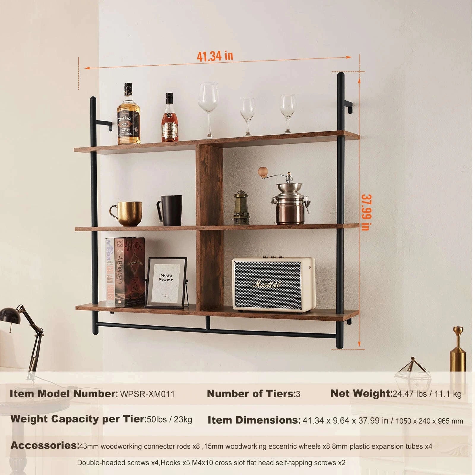 Industrial Pipe Wall Mount Floating Shelf Rack-4 Tiers 3 strokes / United States