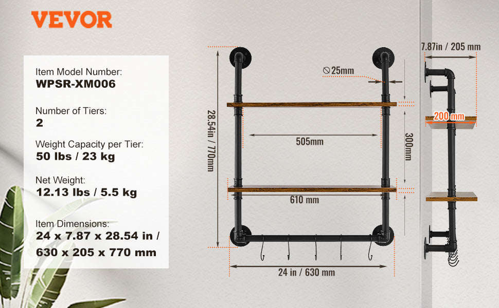 Industrial Pipe Wall Mount Floating Shelf Rack-4 Tiers 3 strokes / United States