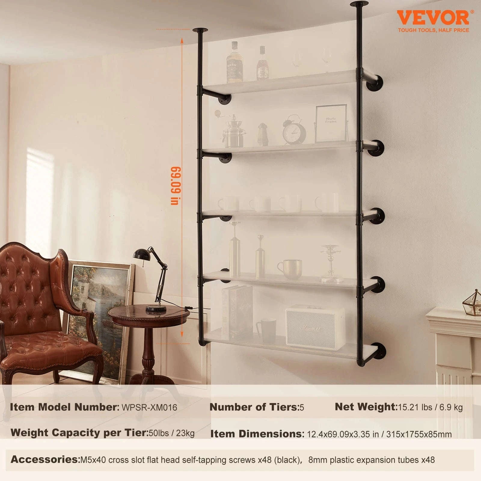 Industrial Pipe Wall Mount Floating Shelf Rack-4 Tiers 3 strokes / United States
