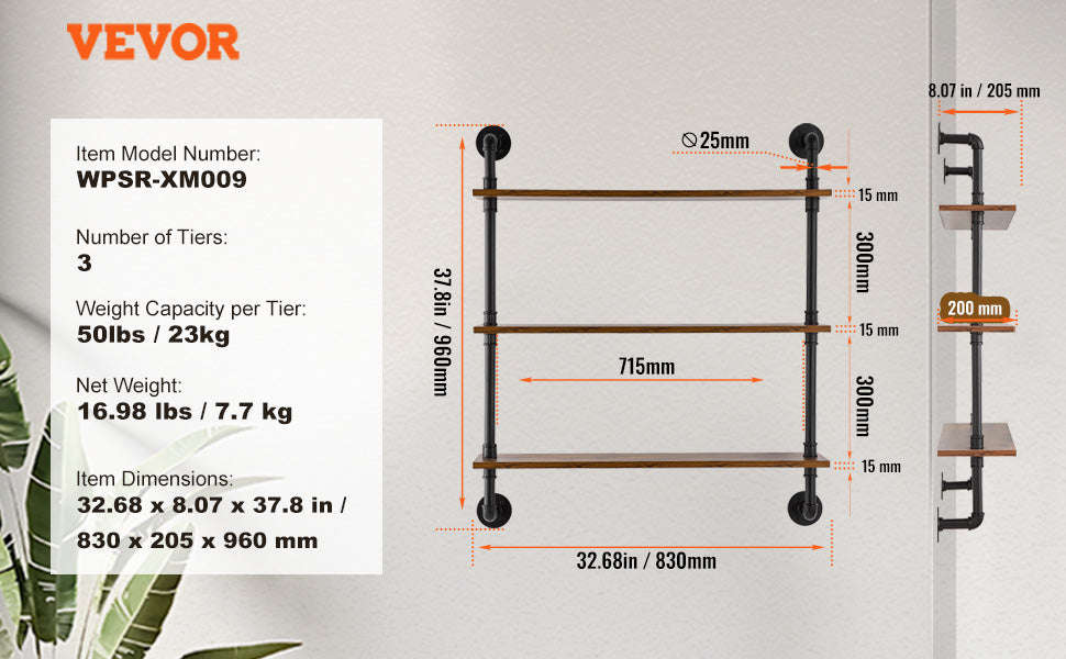 Industrial Pipe Wall Mount Floating Shelf Rack-4 Tiers 3 strokes / United States