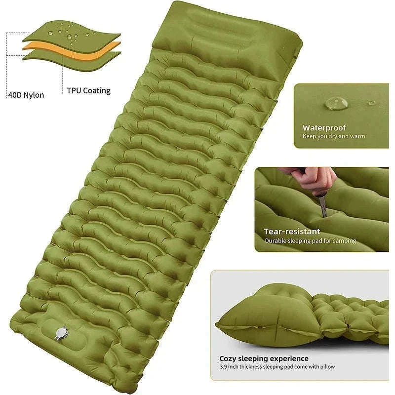 Inflatable Camping Mattress with Built-In Pillow and Pump-Green / One Seat
