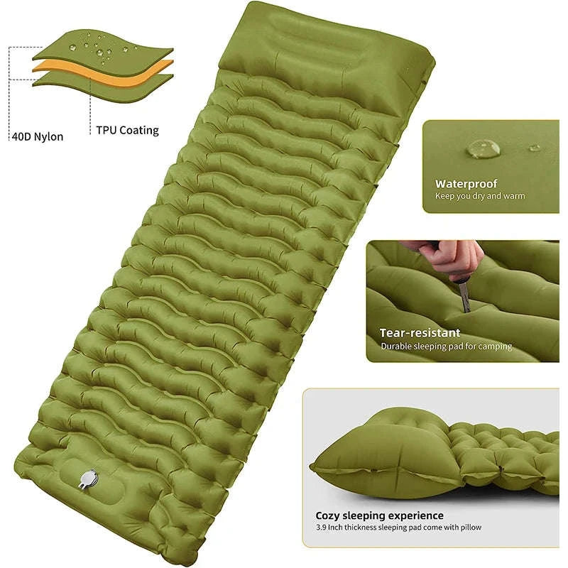 Inflatable Camping Mattress with Built-In Pillow and Pump-Green / One Seat