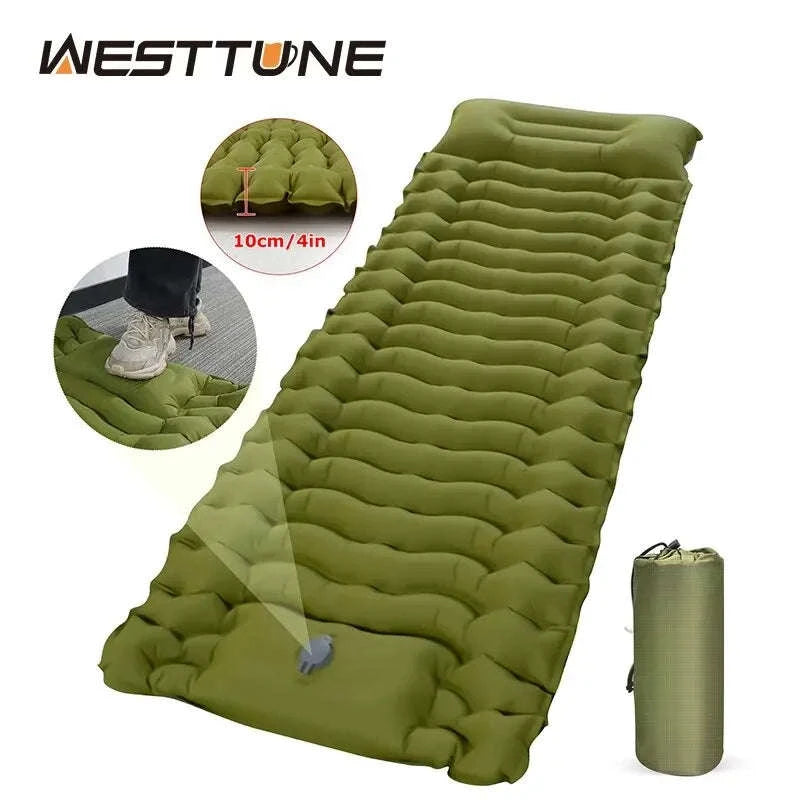 Inflatable Camping Mattress with Built-In Pillow and Pump-Green / One Seat