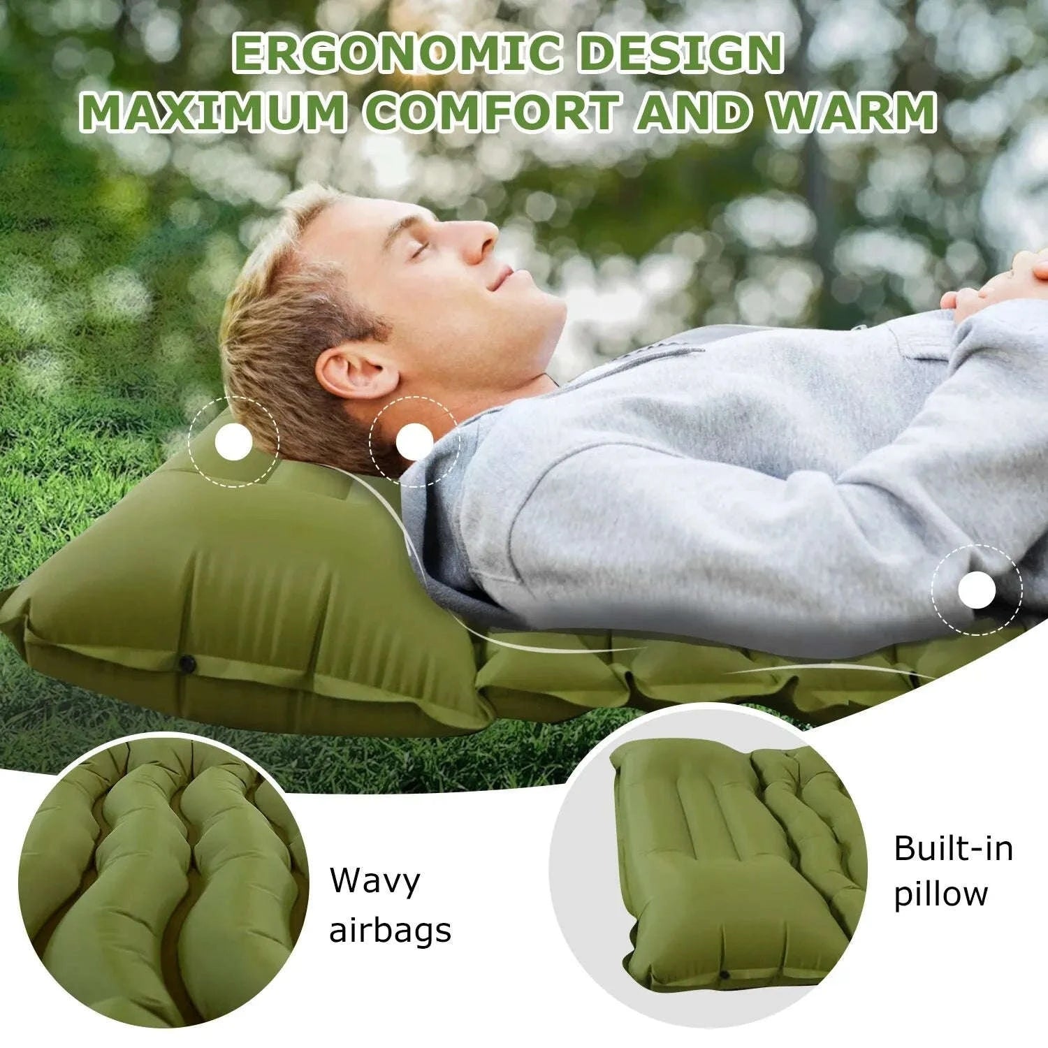 Inflatable Camping Mattress with Built-In Pillow and Pump-Green / One Seat