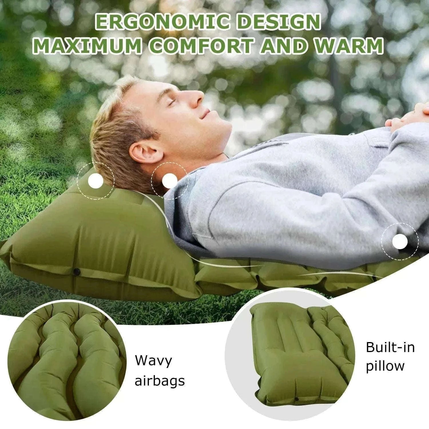 Inflatable Camping Mattress with Built-In Pillow and Pump-Green / One Seat