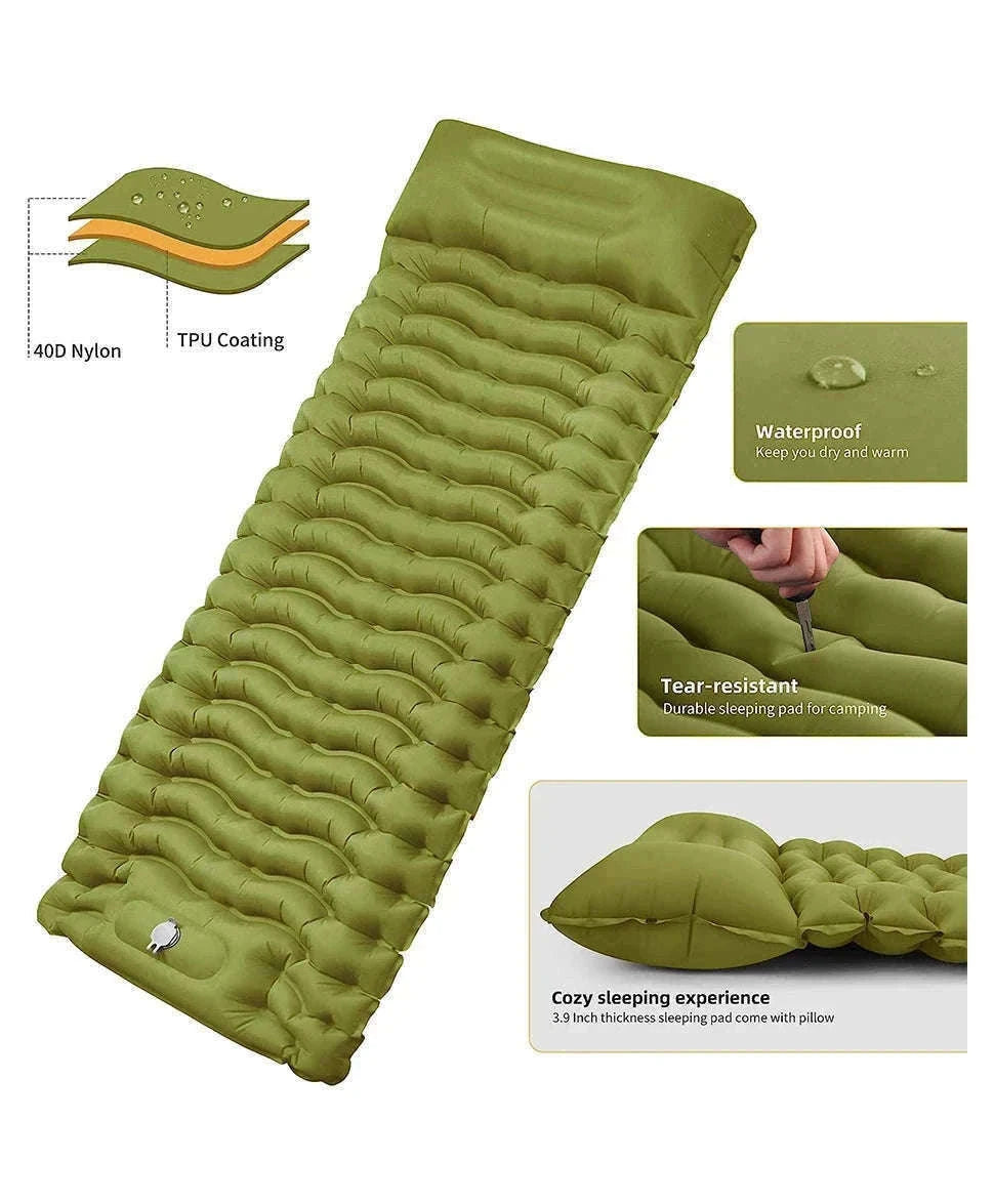Inflatable Camping Mattress with Built-In Pillow and Pump-Green / One Seat