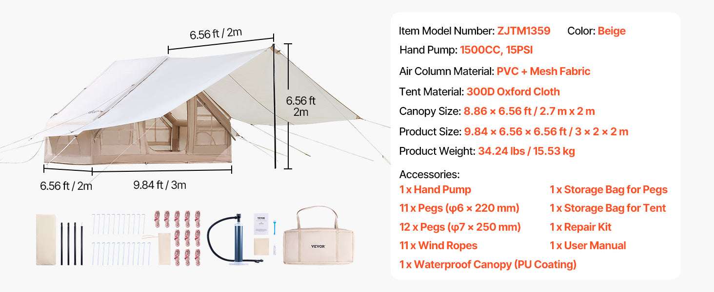 Inflatable Camping Tent for 3–5 People with Pump & Canopy-france