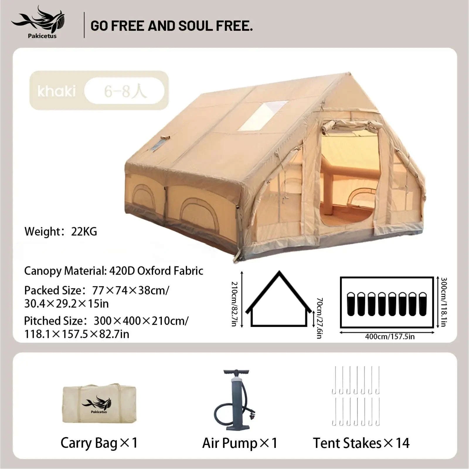 Inflatable Camping Tent for 4-8 Persons with Carry Bag-6.3Khaki Simple / United States