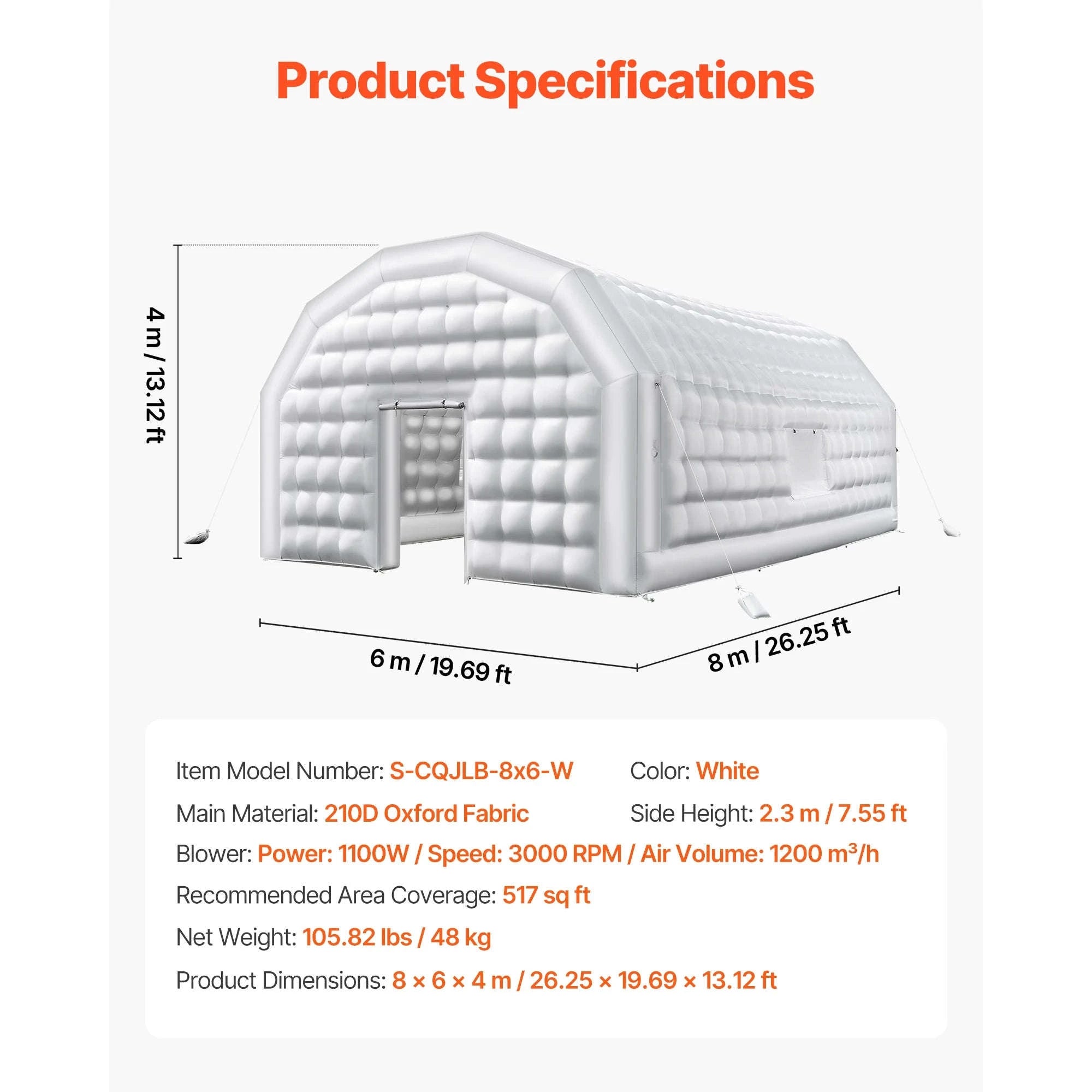 Inflatable Party Tent with Blower and Sandbags-8x6x4m White Dome / United States