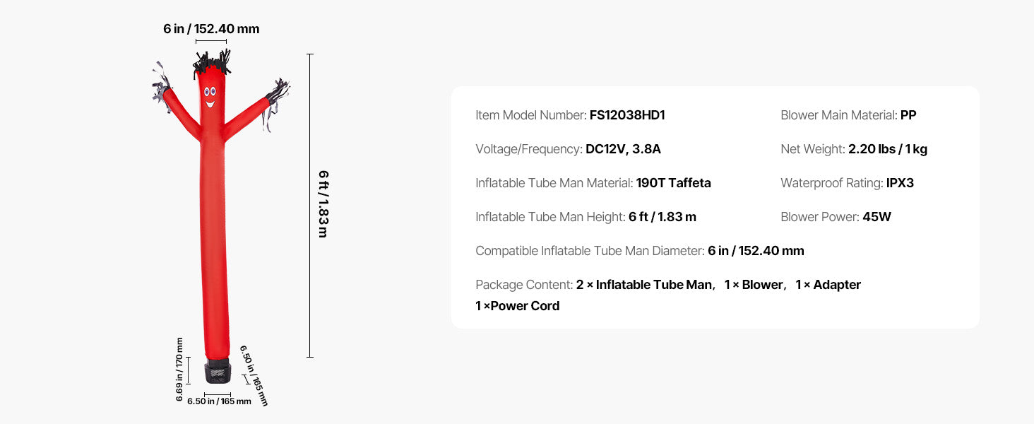 SucceBuy Inflatable Tube Man Set 6/20ft Tall with 1/15 / 1 HP Blower PP Shell IPX3 Waterproof Blower Fan for Outdoor Advertising
