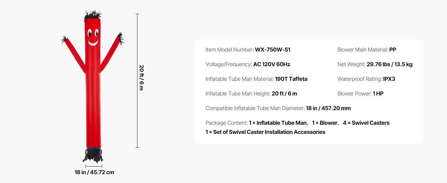 SucceBuy Inflatable Tube Man Set 6/20ft Tall with 1/15 / 1 HP Blower PP Shell IPX3 Waterproof Blower Fan for Outdoor Advertising