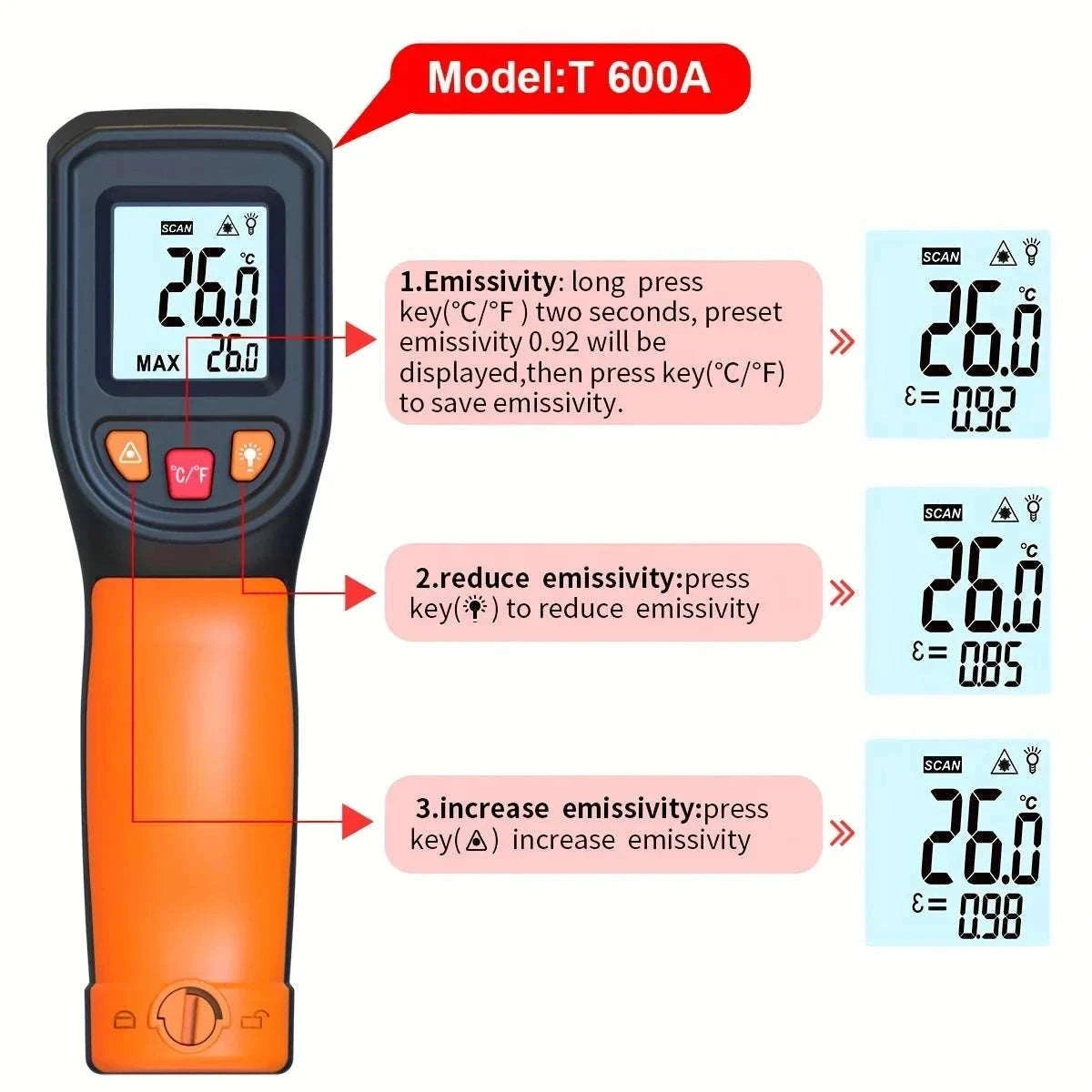 Infrared Laser Temperature Gun -50°C to 600°C Digital IR Thermometer-T600A