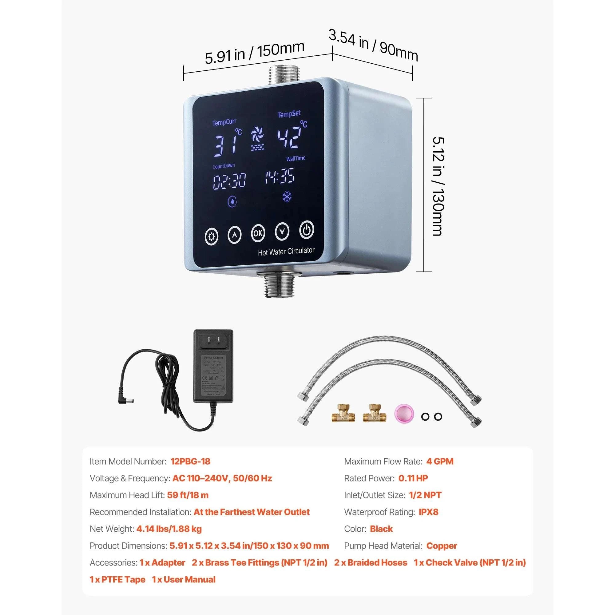 Instant Hot Water Recirculating Pump Kit with Digital Timer & Thermostat-4 GPM / United States