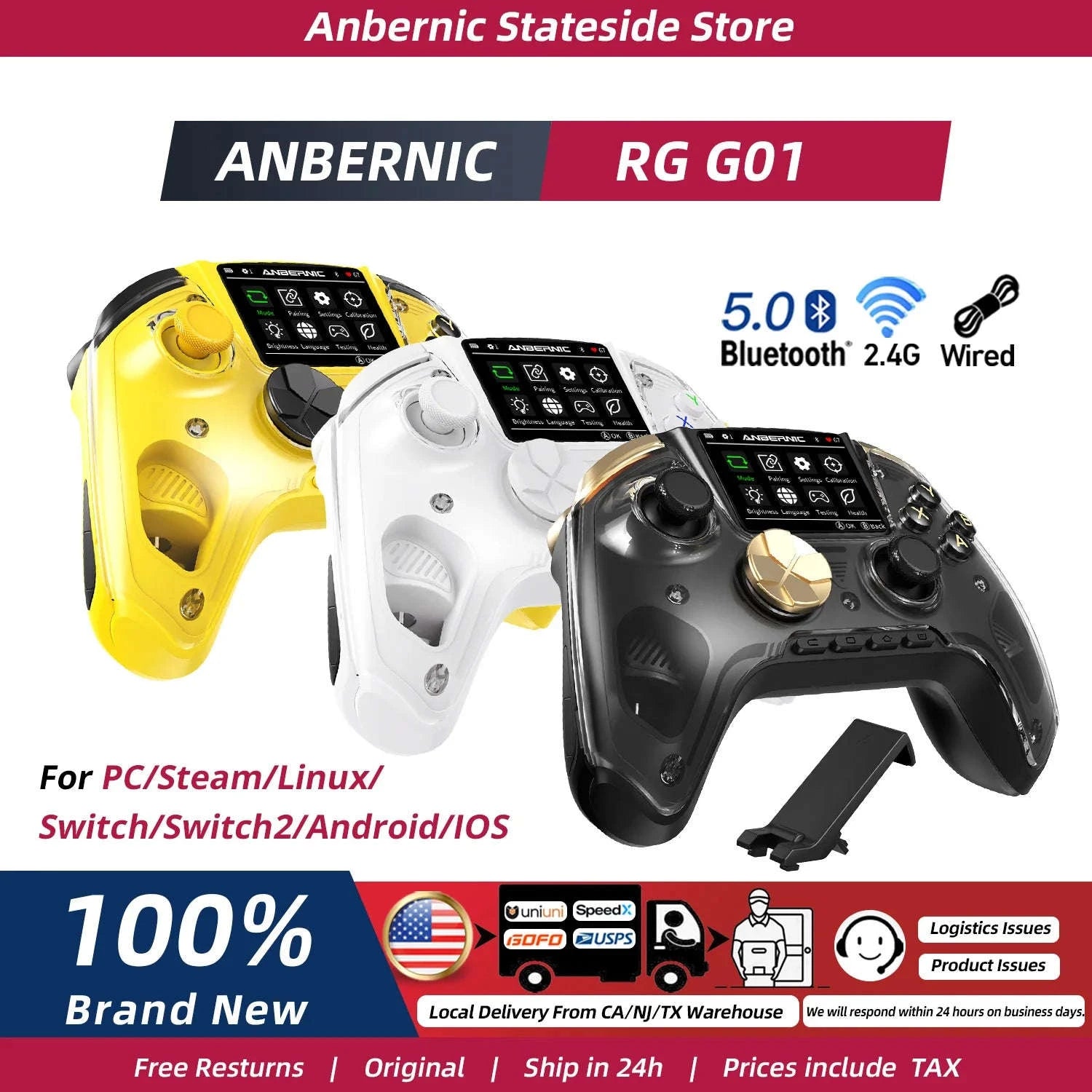 Interactive Screen Wireless Gaming Controller for PC, Steam, Linux, Android, Switch, iOS-Yellow / United States