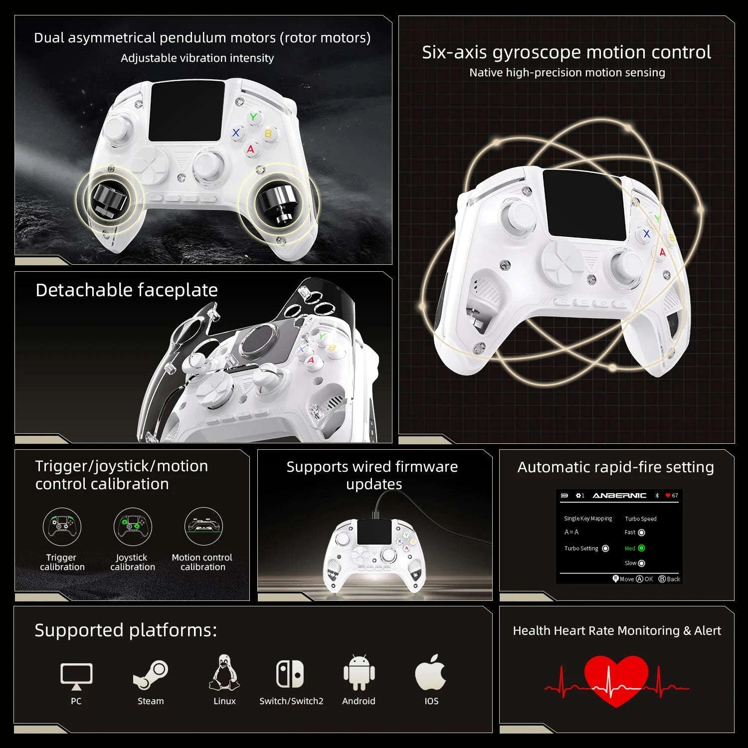 Interactive Screen Wireless Gaming Controller for PC, Steam, Linux, Android, Switch, iOS-Yellow / United States