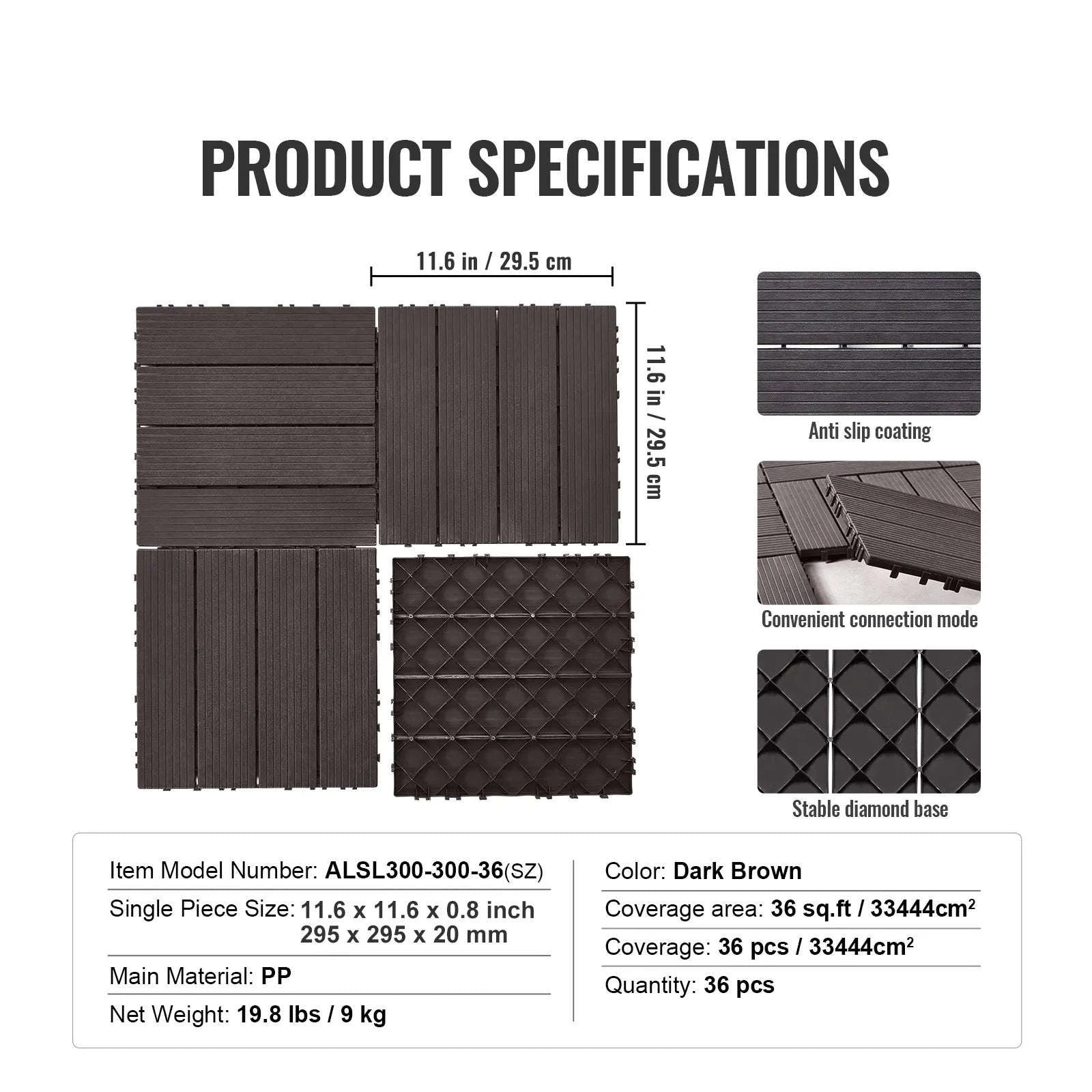 Interlocking Deck Tiles Waterproof Outdoor Flooring for Patio and Poolside-54pcs Dark Brown / United States