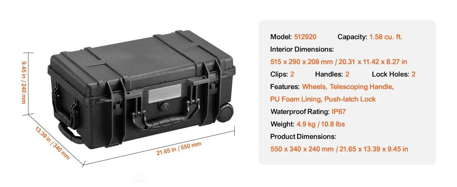 IP67 Waterproof Hard Case with Custom Foam & Secure Lock Design-1.6 cu.ft 2 Handles / United States