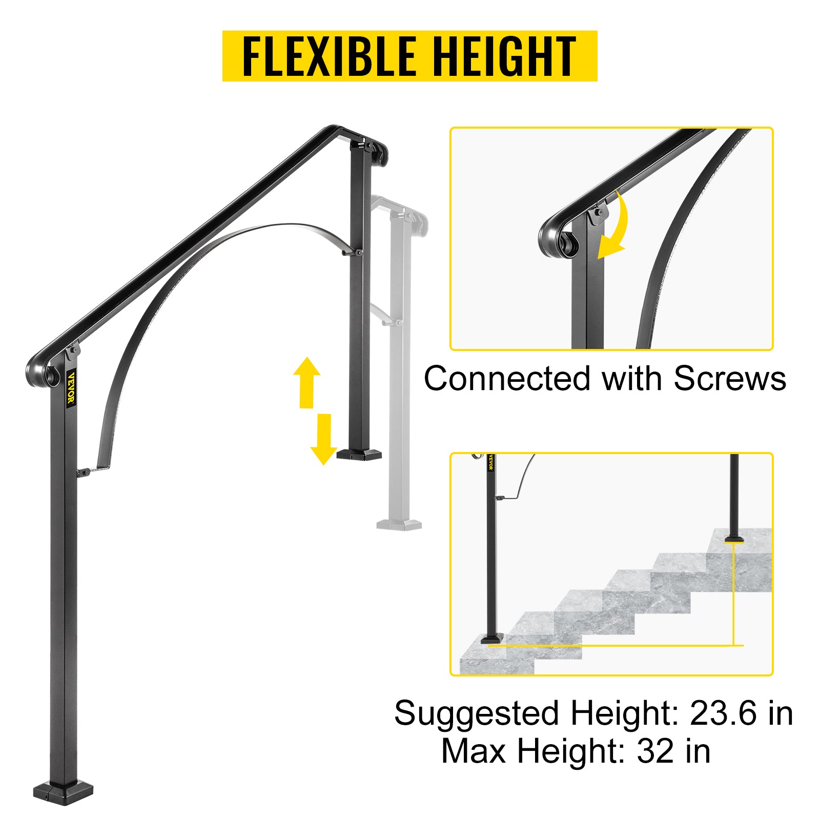Outdoor Stair Handrail for 4 or 5 Steps, Wrought Iron, Black