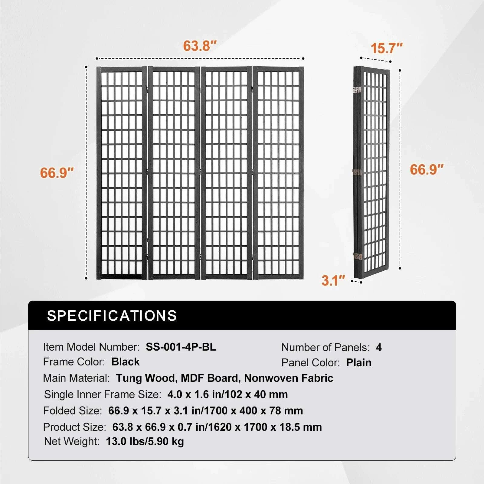 Japanese Wooden Folding Room Divider Privacy Screen Panels-3Panel Solid Color / United States