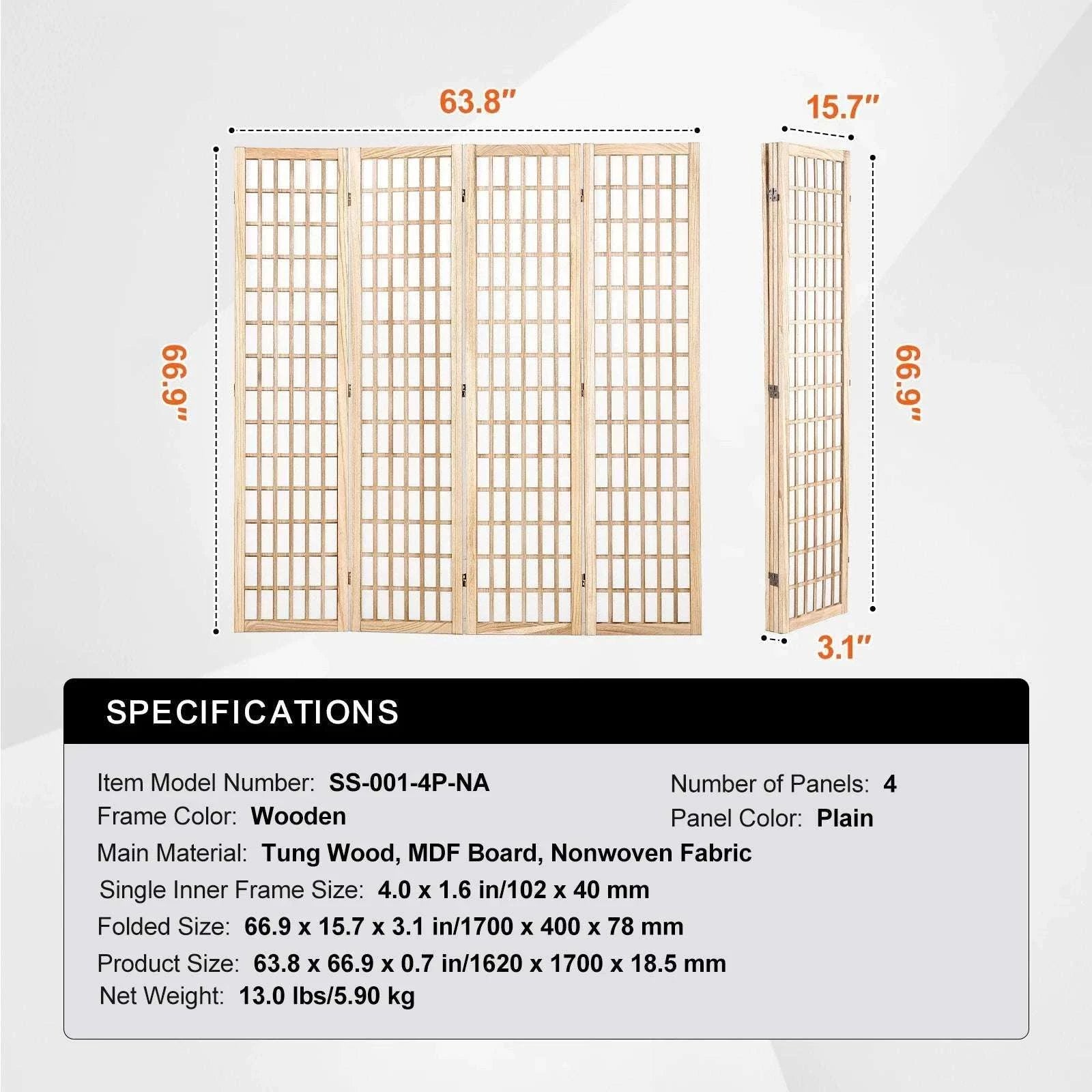 Japanese Wooden Folding Room Divider Privacy Screen Panels-3Panel Solid Color / United States
