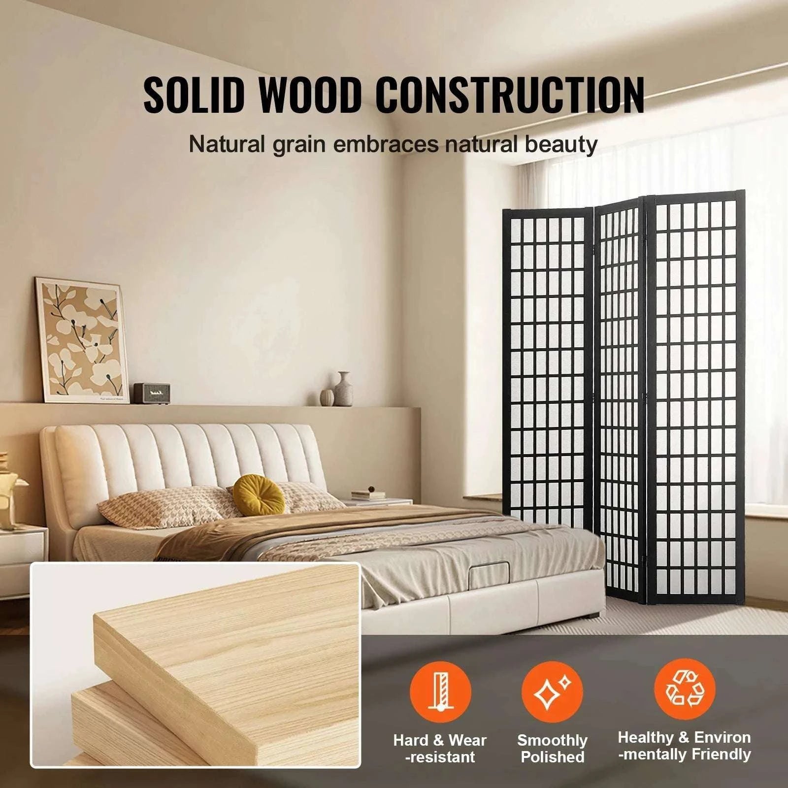 Japanese Wooden Folding Room Divider Privacy Screen Panels-3Panel Solid Color / United States