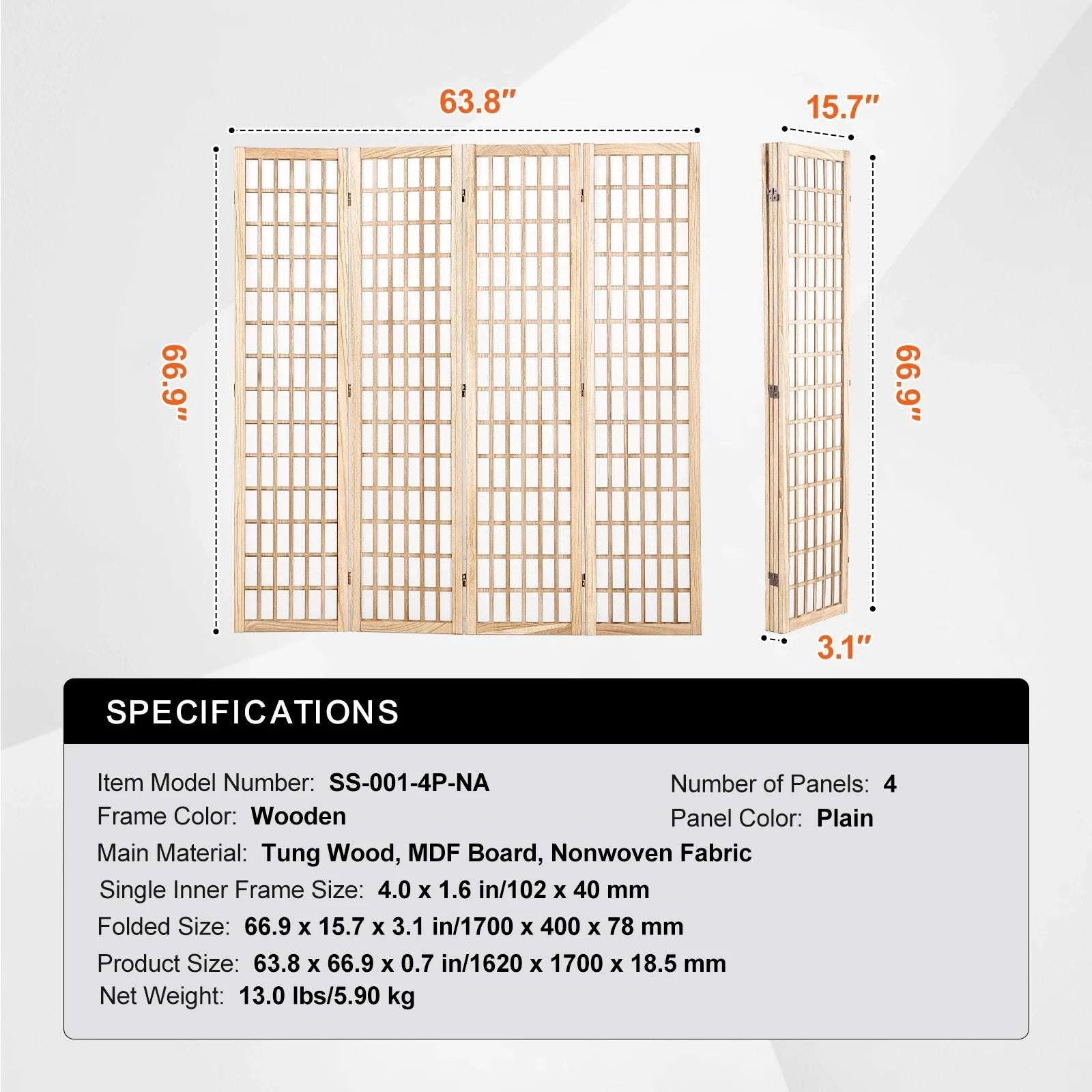 Japanese Wooden Folding Room Divider Privacy Screen Panels-3Panel Solid Color / United States