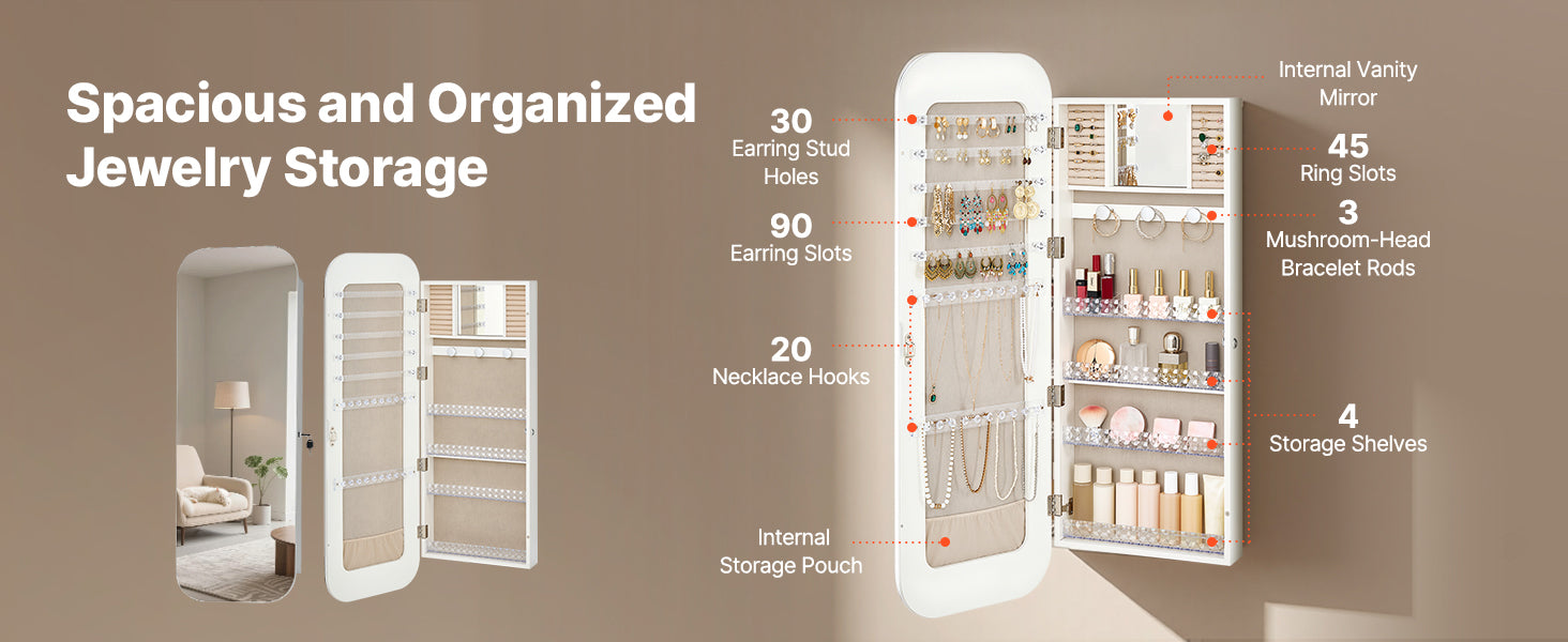 Full-Length Mirror Jewelry Cabinet with Lock & Hidden Storage