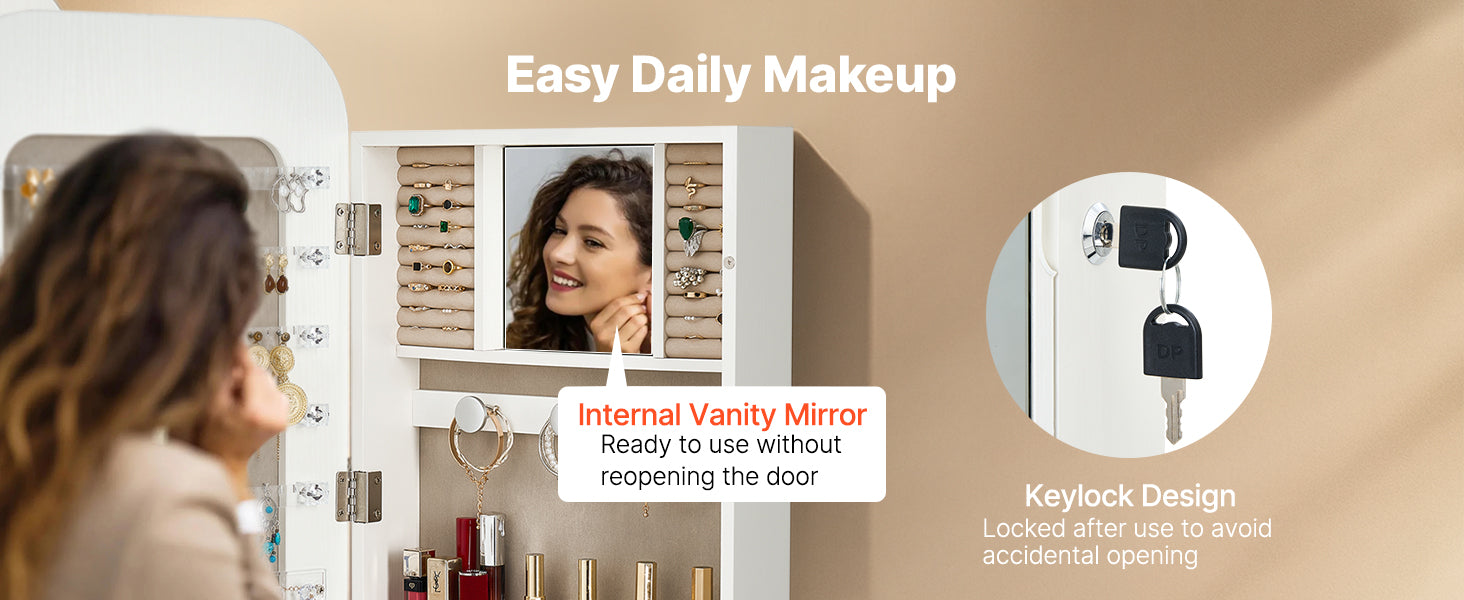 Full-Length Mirror Jewelry Cabinet with Lock & Hidden Storage