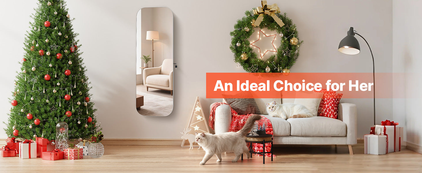 Full-Length Mirror Jewelry Cabinet with Lock & Hidden Storage