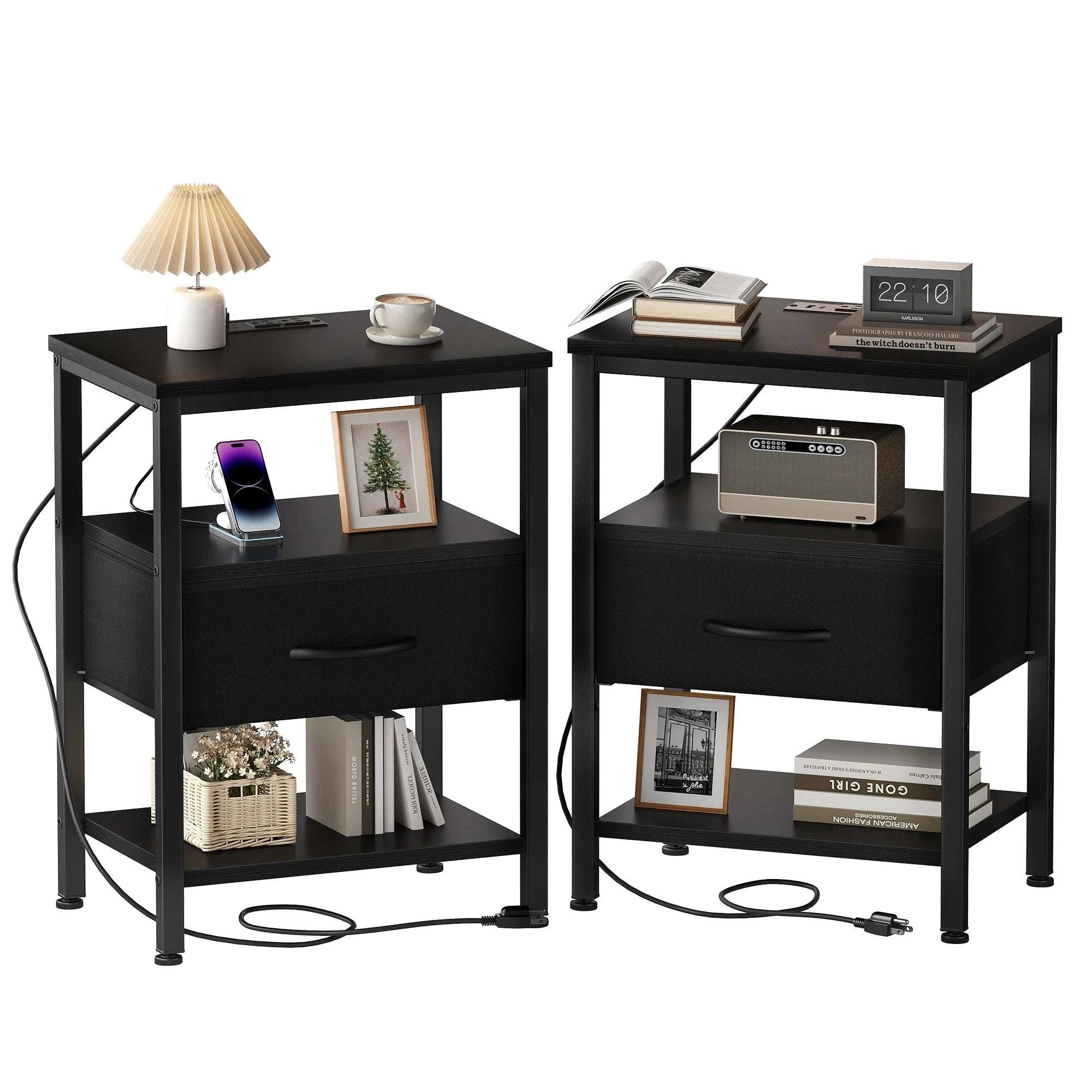 JHK 3-Tier Nightstand Set of 2 with Wireless Charging Station Bedside Tables with Adjustable Fabric Drawers Storage Open Shelf-black / United States