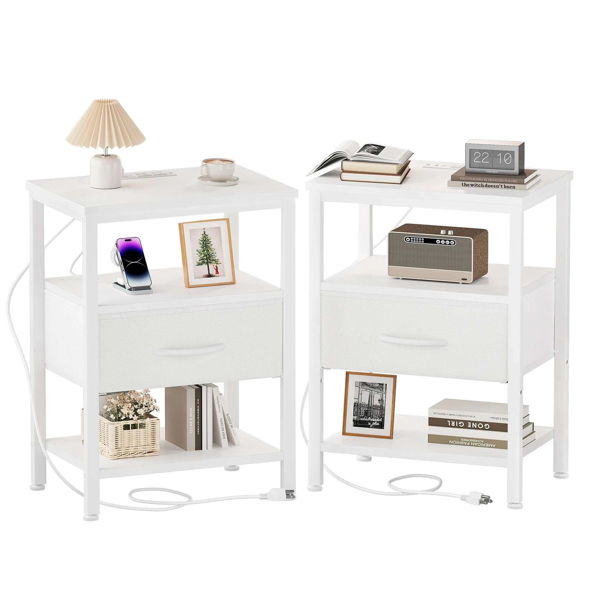 JHK 3-Tier Nightstand Set of 2 with Wireless Charging Station Bedside Tables with Adjustable Fabric Drawers Storage Open Shelf-black / United States