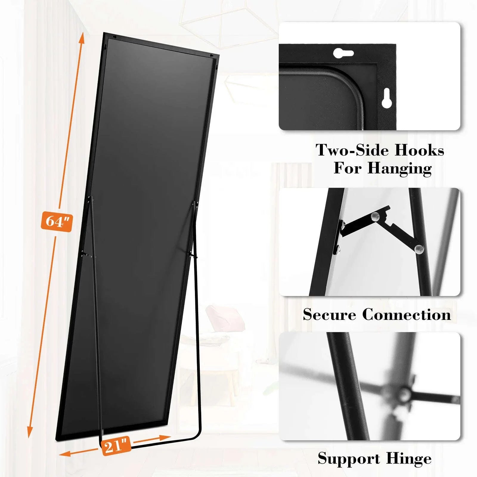 JHK 64" x 21" Full Body Wall Mirror with Aluminum Alloy Frame-Black-rectangle / United States