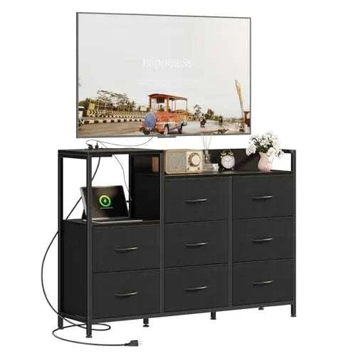 JHK Cabinet With 8 Fabric Drawers TV Stand Metal Frame With Charging Station Entertainment Center TV Storage Display Furniture-Ivory / United States
