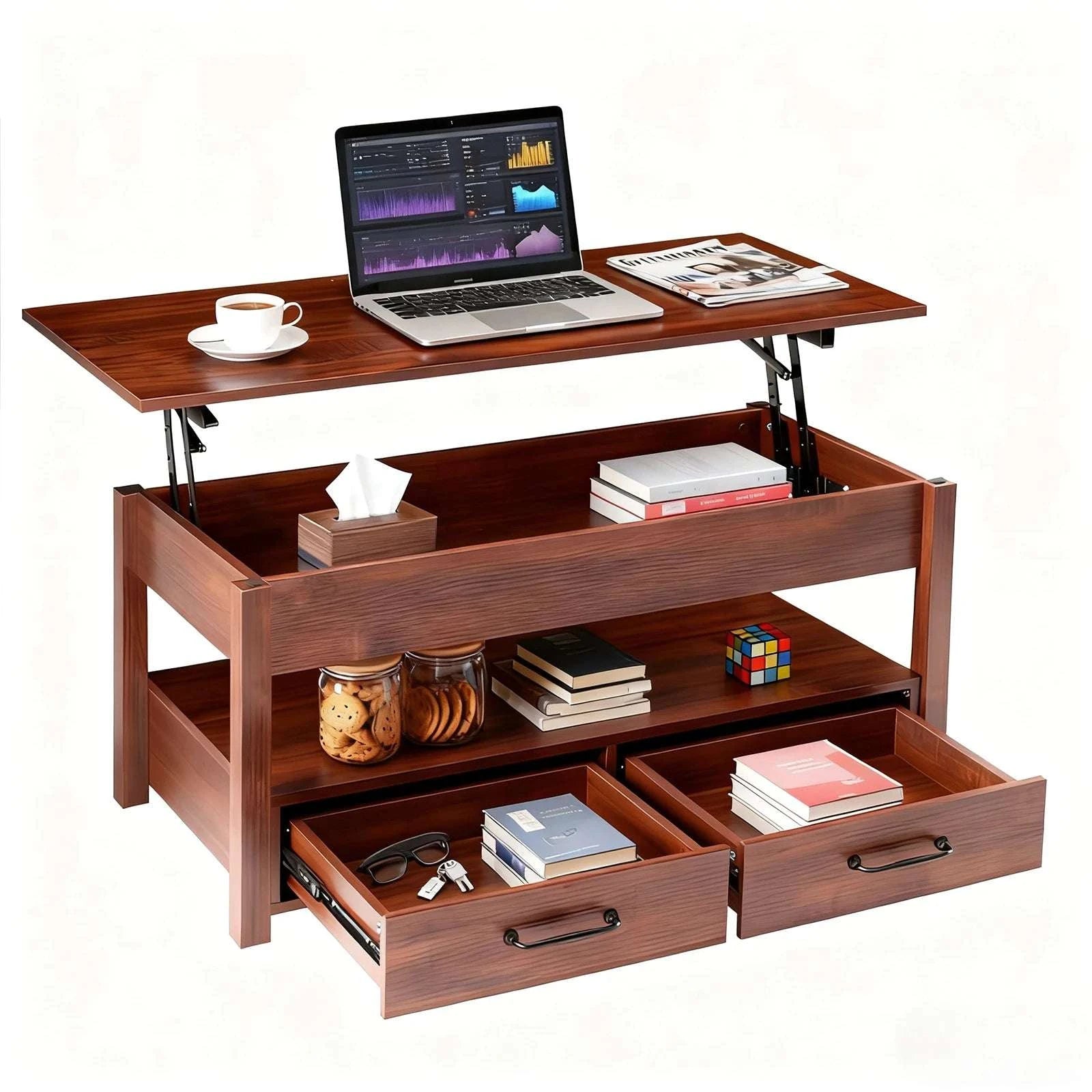 JHK Lift Top Coffee Table with Drawers and Hidden Compartment Adjustable Height Small Coffee Table for Living Room with Storage-black / United States