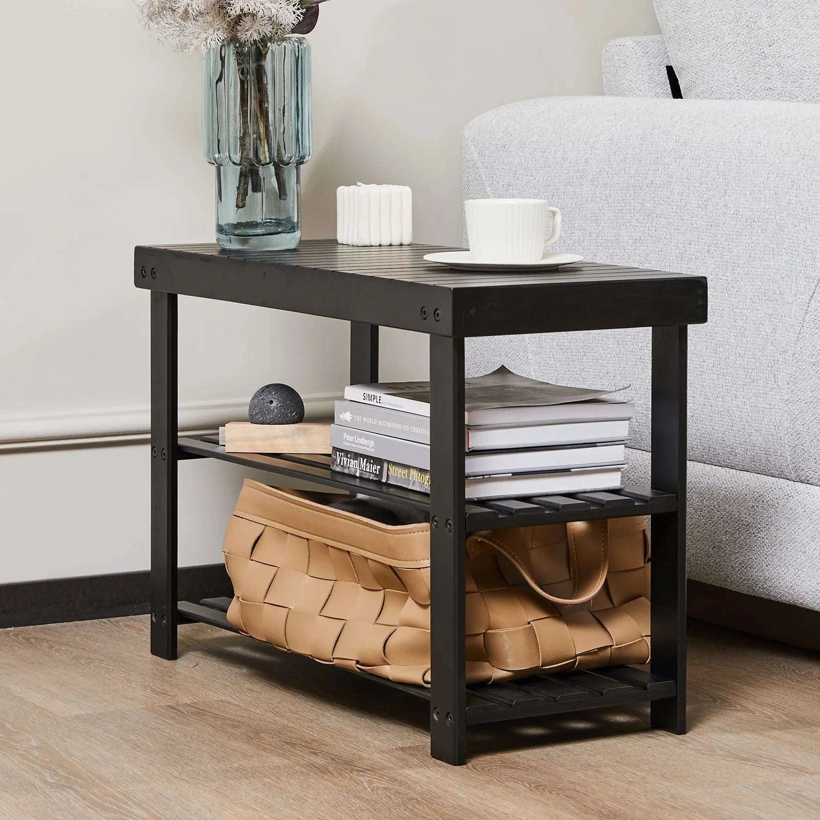 JHK Living Room 3-Tier Bamboo Shoe Rack Bench Holds Up to 286 lb Storage Organizer Easy Assemble Suitable for Bedroom Balcony -black / United States
