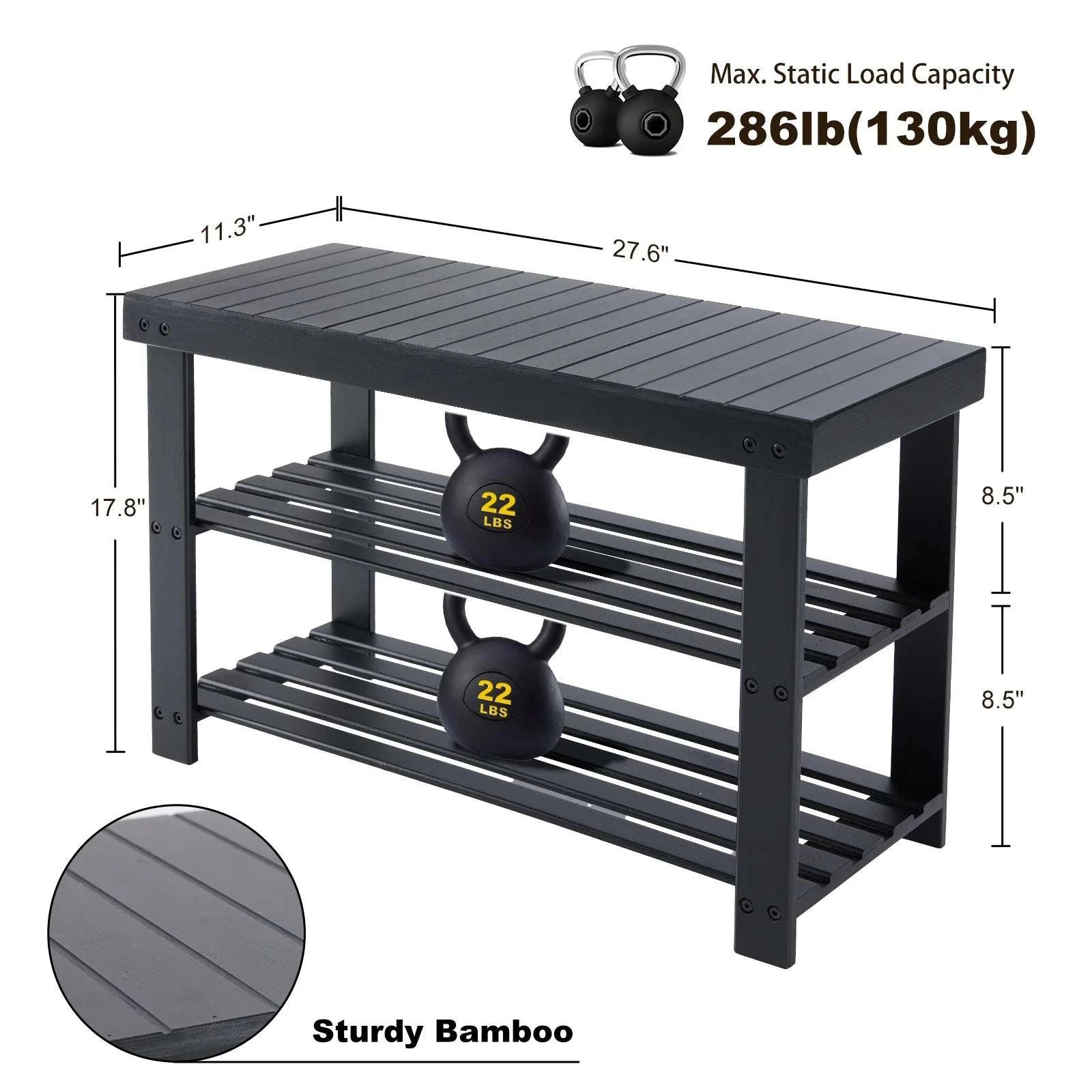 JHK Living Room 3-Tier Bamboo Shoe Rack Bench Holds Up to 286 lb Storage Organizer Easy Assemble Suitable for Bedroom Balcony -black / United States