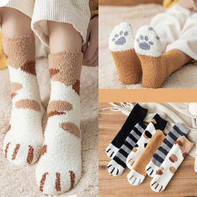 Kawaii Cartoon White Fleece Socks for Women with Paw Prints-2