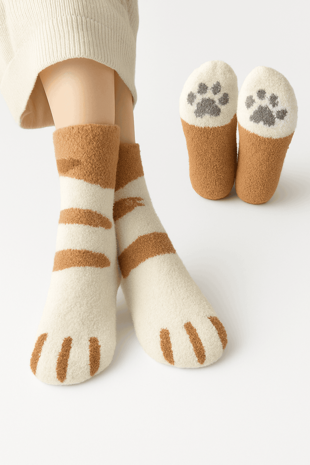 Kawaii Cartoon White Fleece Socks for Women with Paw Prints-2