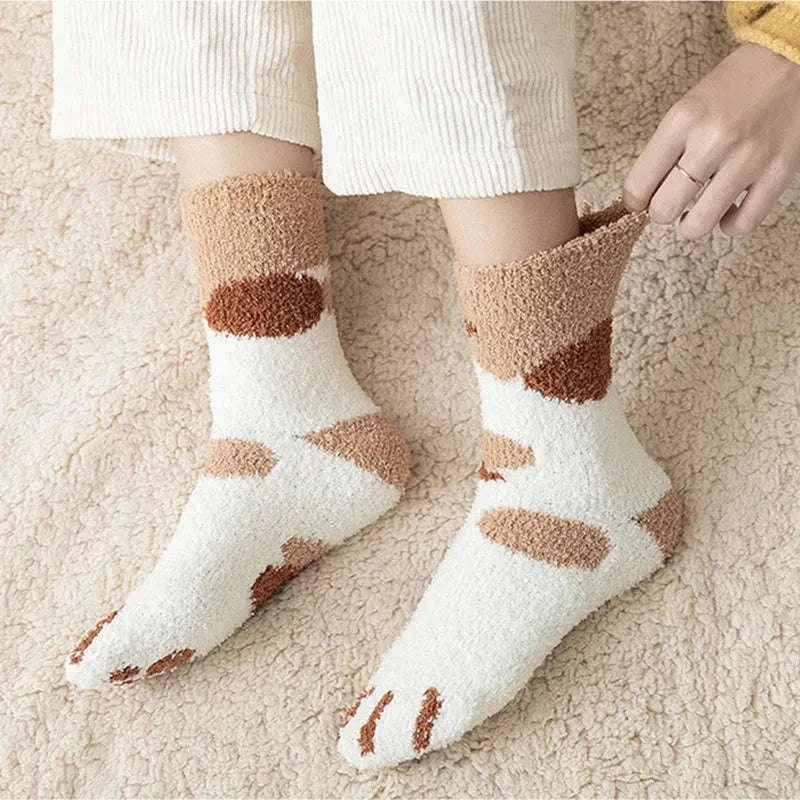 Kawaii Cartoon White Fleece Socks for Women with Paw Prints-2