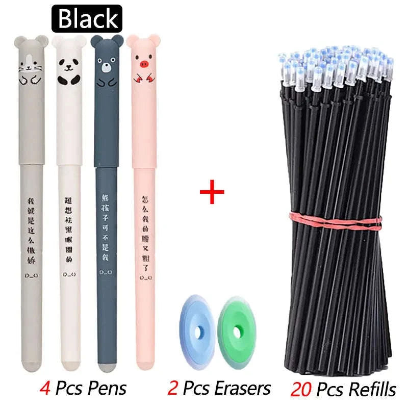 Kawaii Erasable Gel Pens Set 0.35mm – Cute & Functional Writing Set-Black 26 Pcs A