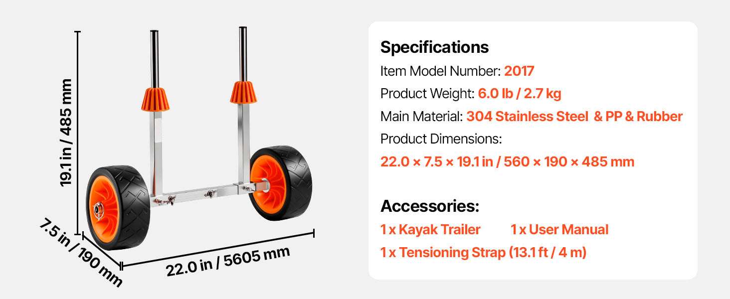 Kayak Cart Dolly 250 lbs with Solid Tires & Tie-Down Straps-250 lbs / United States
